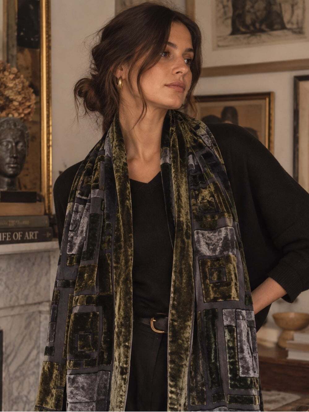 Olive Gray Velvet Geometric Scarf Artsy Boho Artsanal Lagenlook Eclectic Chic